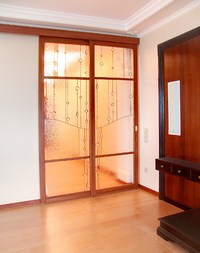 Раздвижная двухстворчатая дверь с матовыми рисунками на стекле